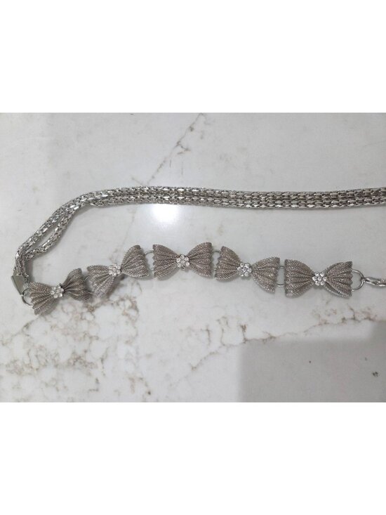 Vintage Silver Tone Mesh Chain With Rhinestone Bows Statement Belt Necklace OS main image 6